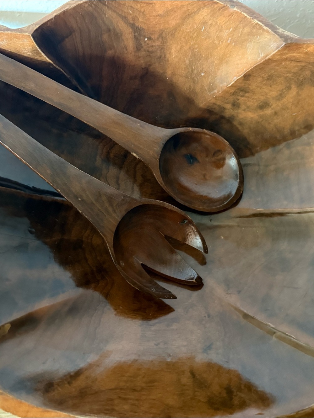 Hand-Carved Wooden Salad Bowl with Serving Utensils - Rich Brown